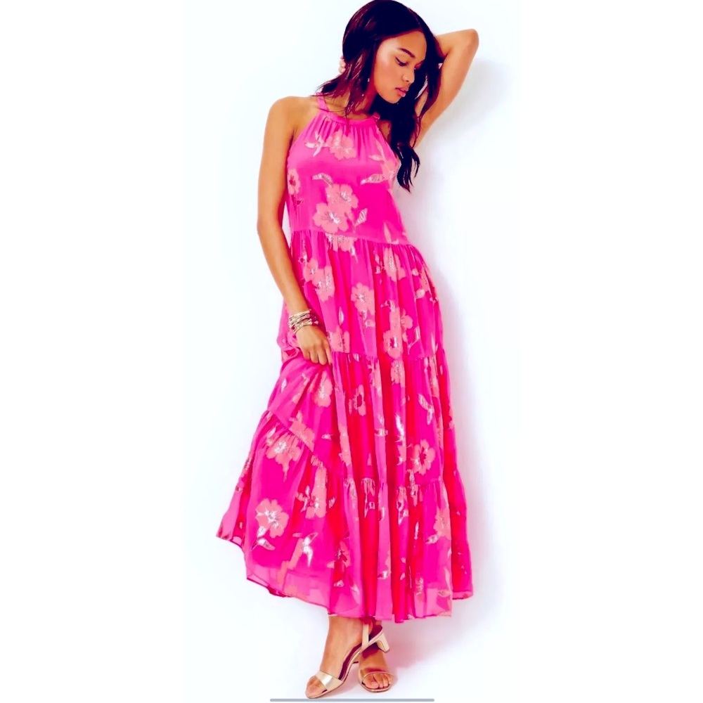 Lilly Pulitzer NWT Beccalyn Maxi Dress Roxie Pink Anniversary Silk Clip Size M - Picture 2 of 9